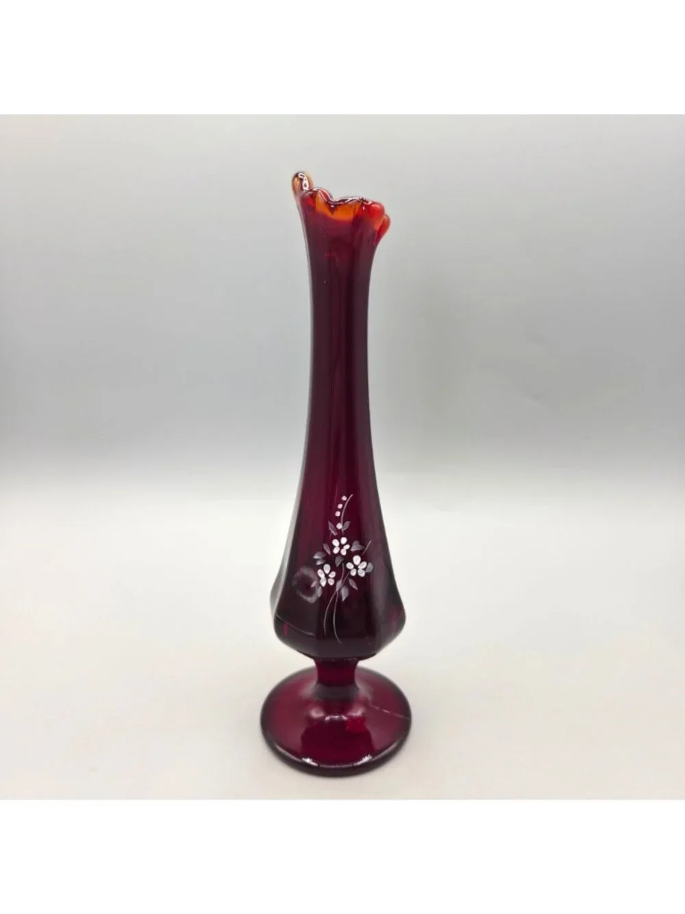 Fenton Ruby Red Swung Bud Vase Vesper Roses Hand Painted Signed E Thomas UV 8